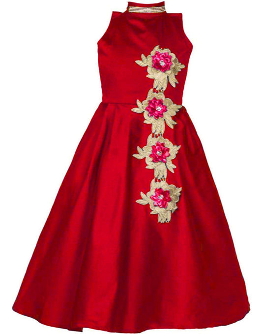 Red Cotton Blend Dress For Girls