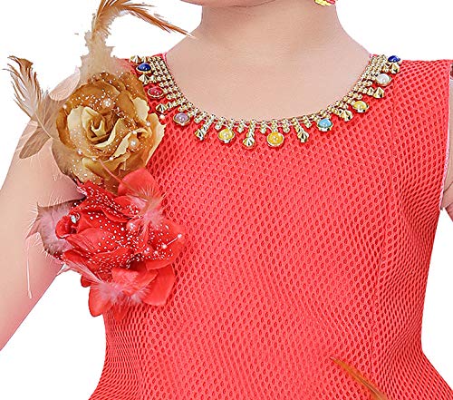 Dark Orange Net Dress For Girls