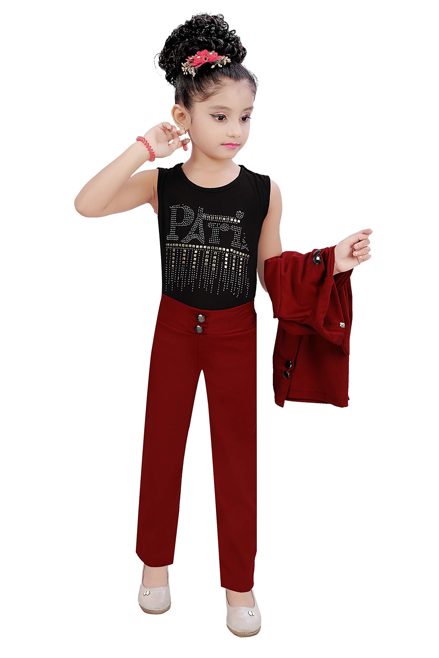 Maroon Cotton Blend Kids Apparel Combo For Girls