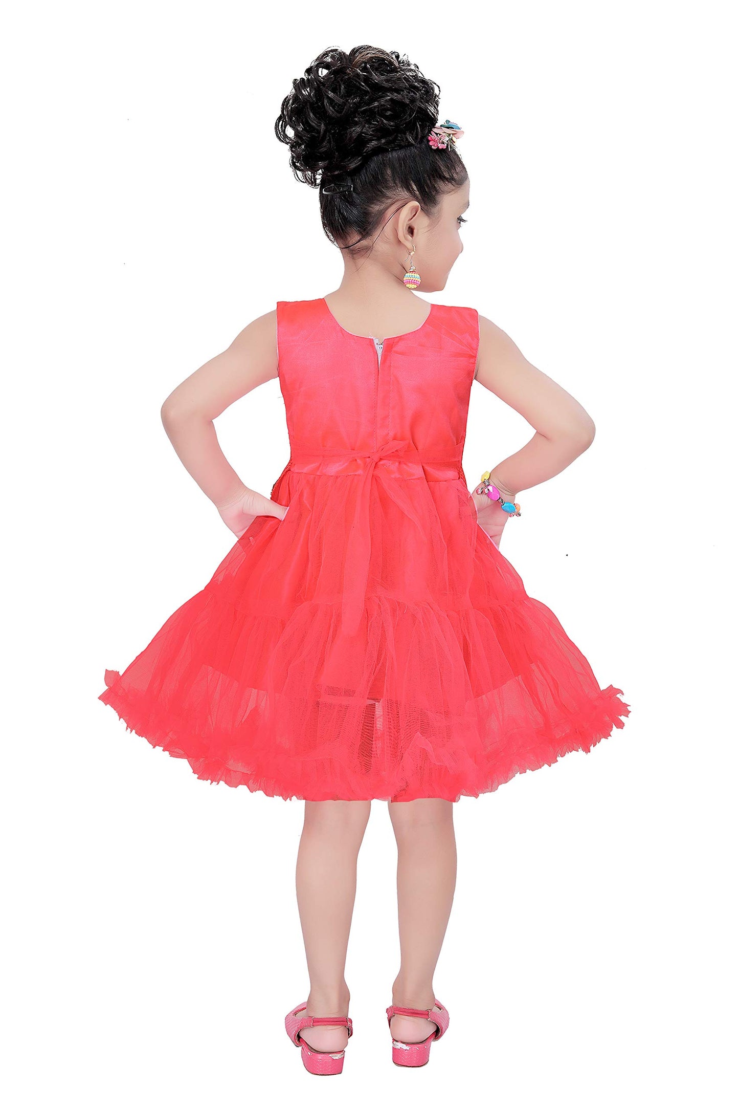 Dark Orange Net Dress For Girls
