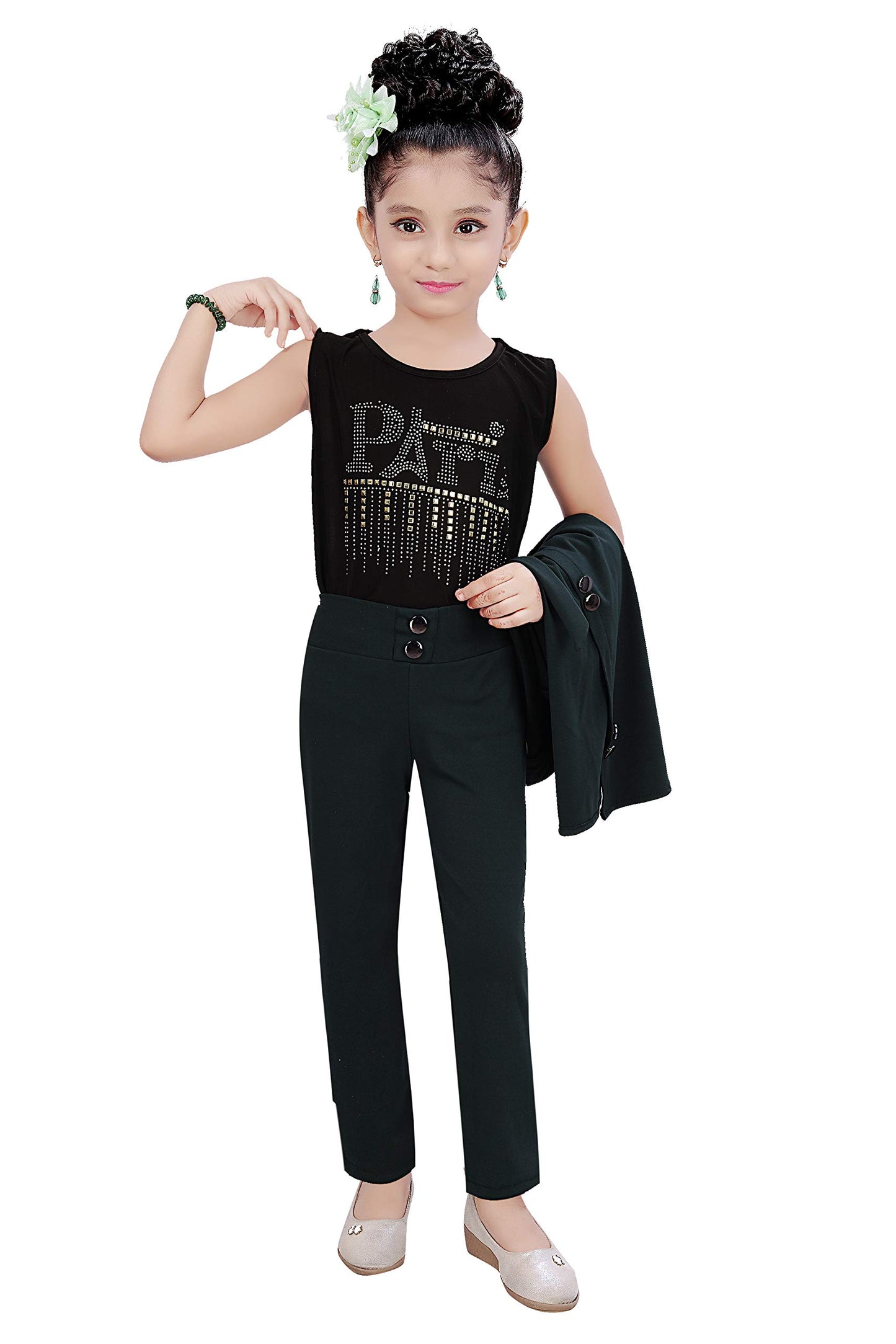 Green Cotton Blend Kids Apparel Combo For Girls