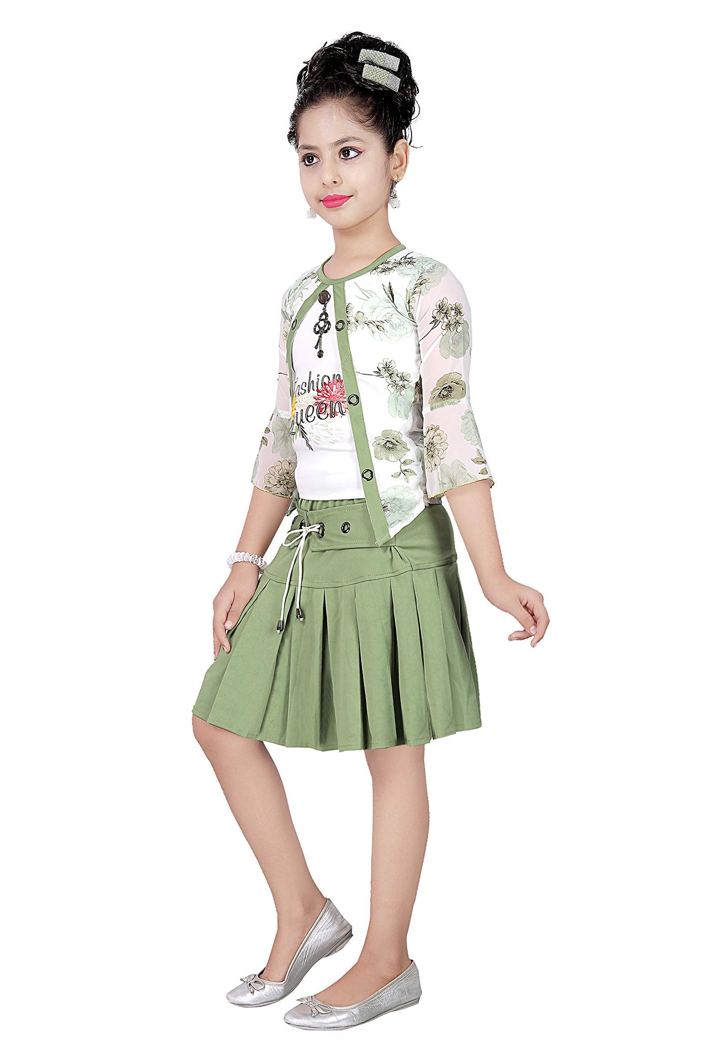 Green Cotton Blend Kids Apparel Combo For Girls