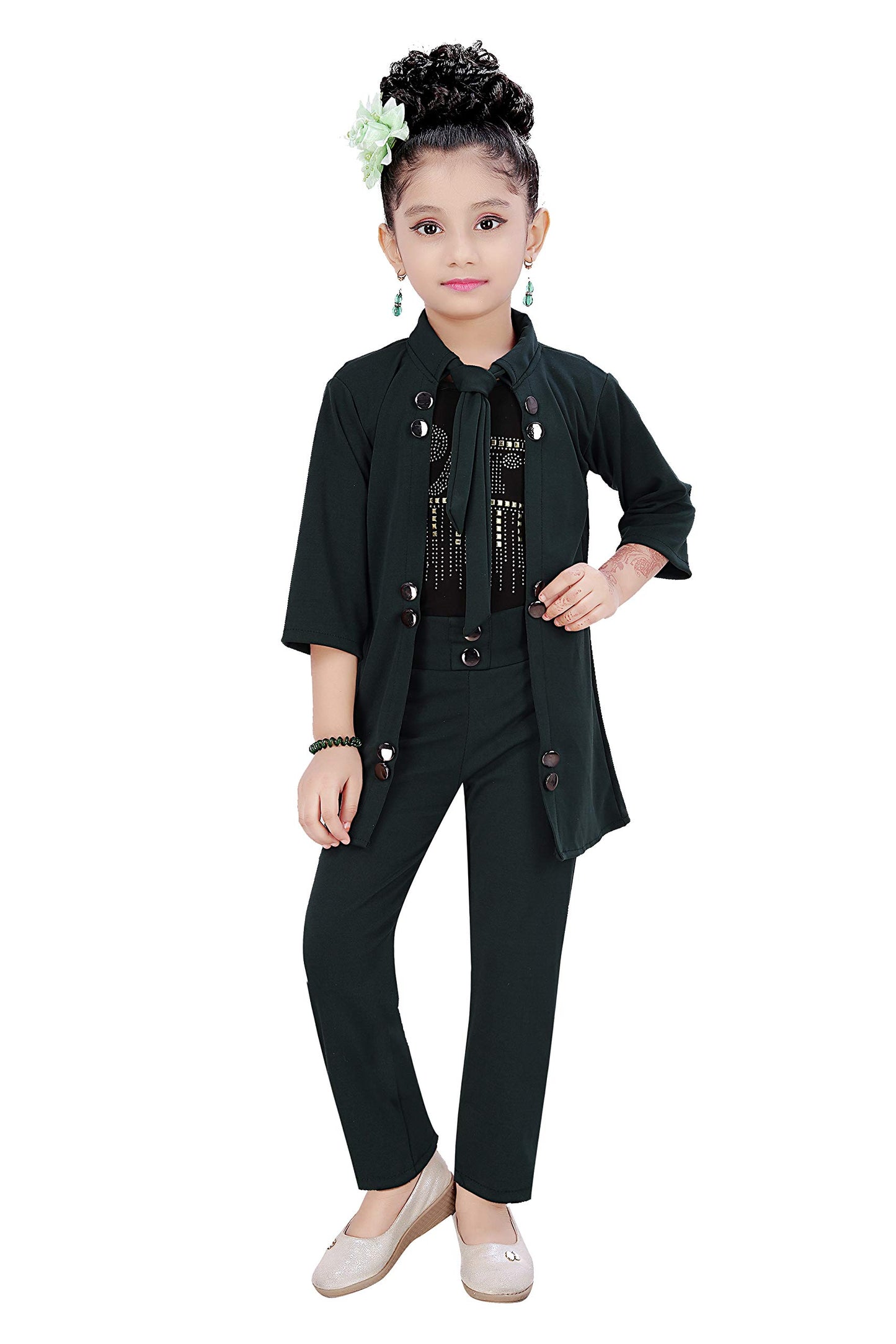 Green Cotton Blend Kids Apparel Combo For Girls