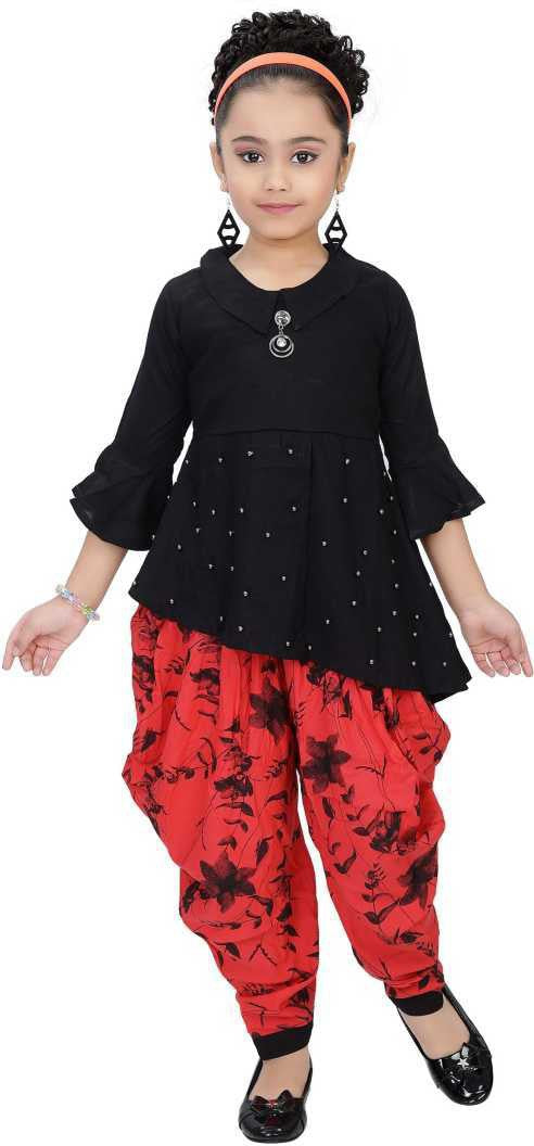 Red & Black Viscose Rayon Kids Apparel Combo For Girls