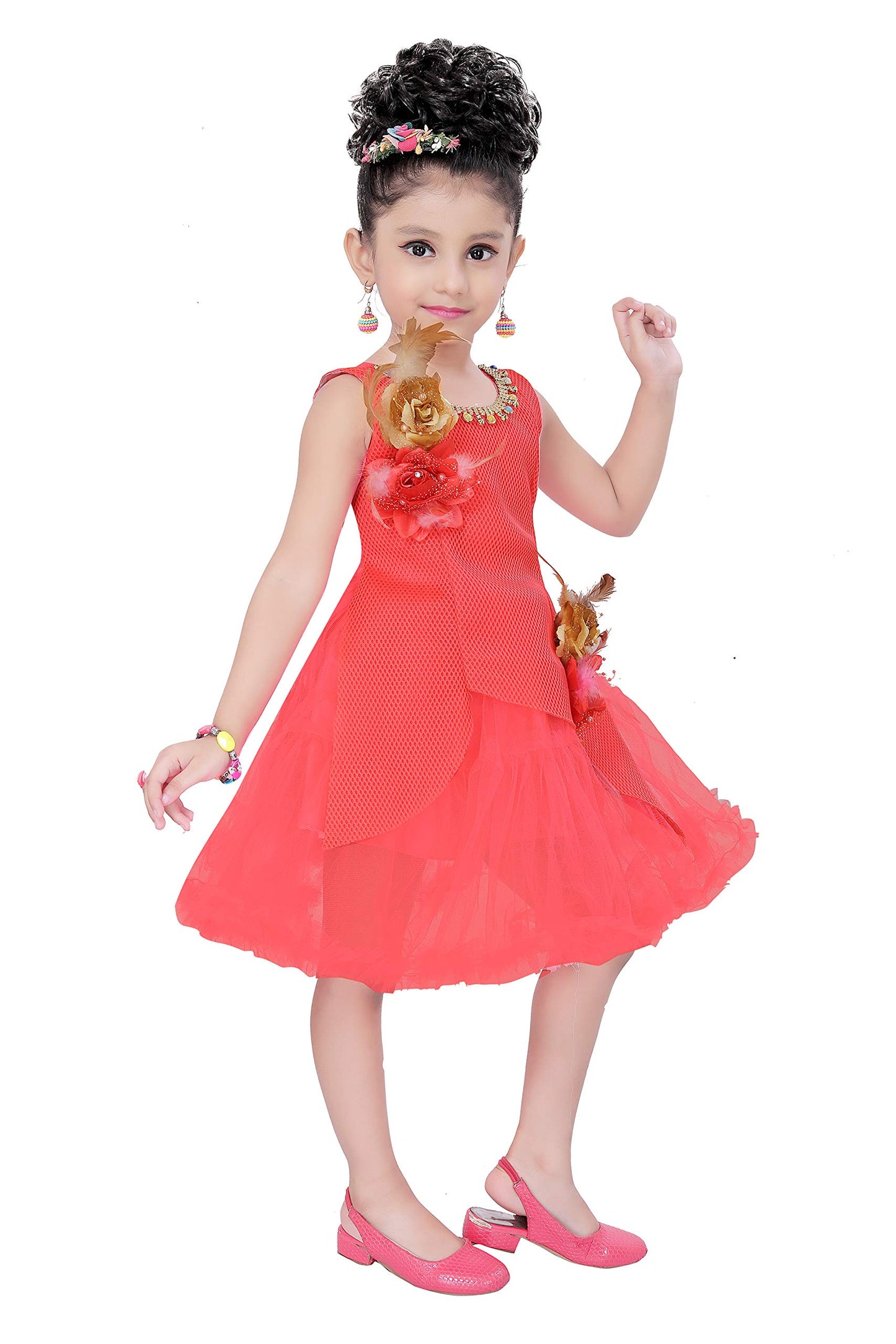 Dark Orange Net Dress For Girls