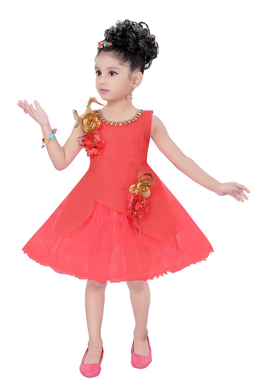 Dark Orange Net Dress For Girls