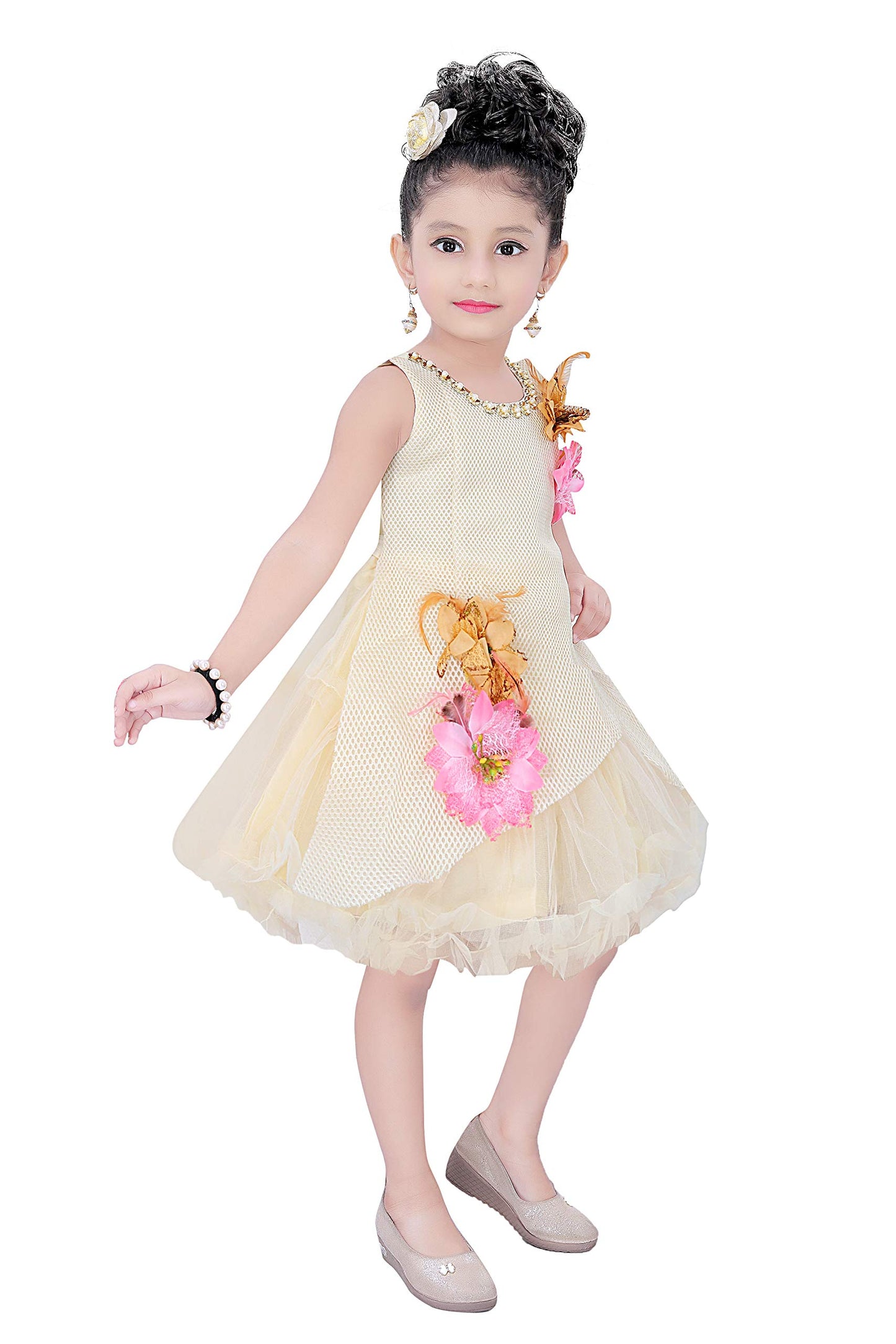 Cream Net Dress For Girls
