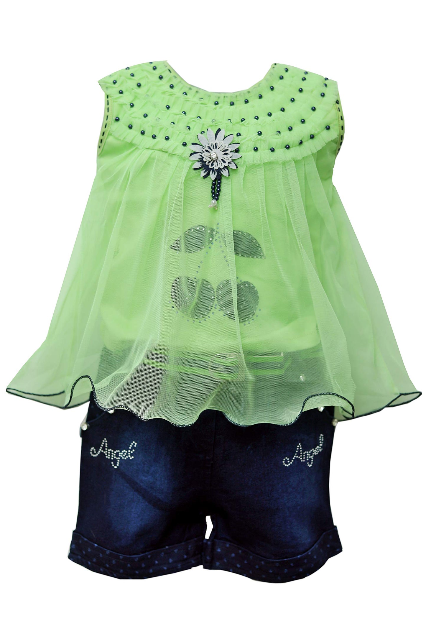 Green Cotton Blend Kids Apparel Combo For Girls