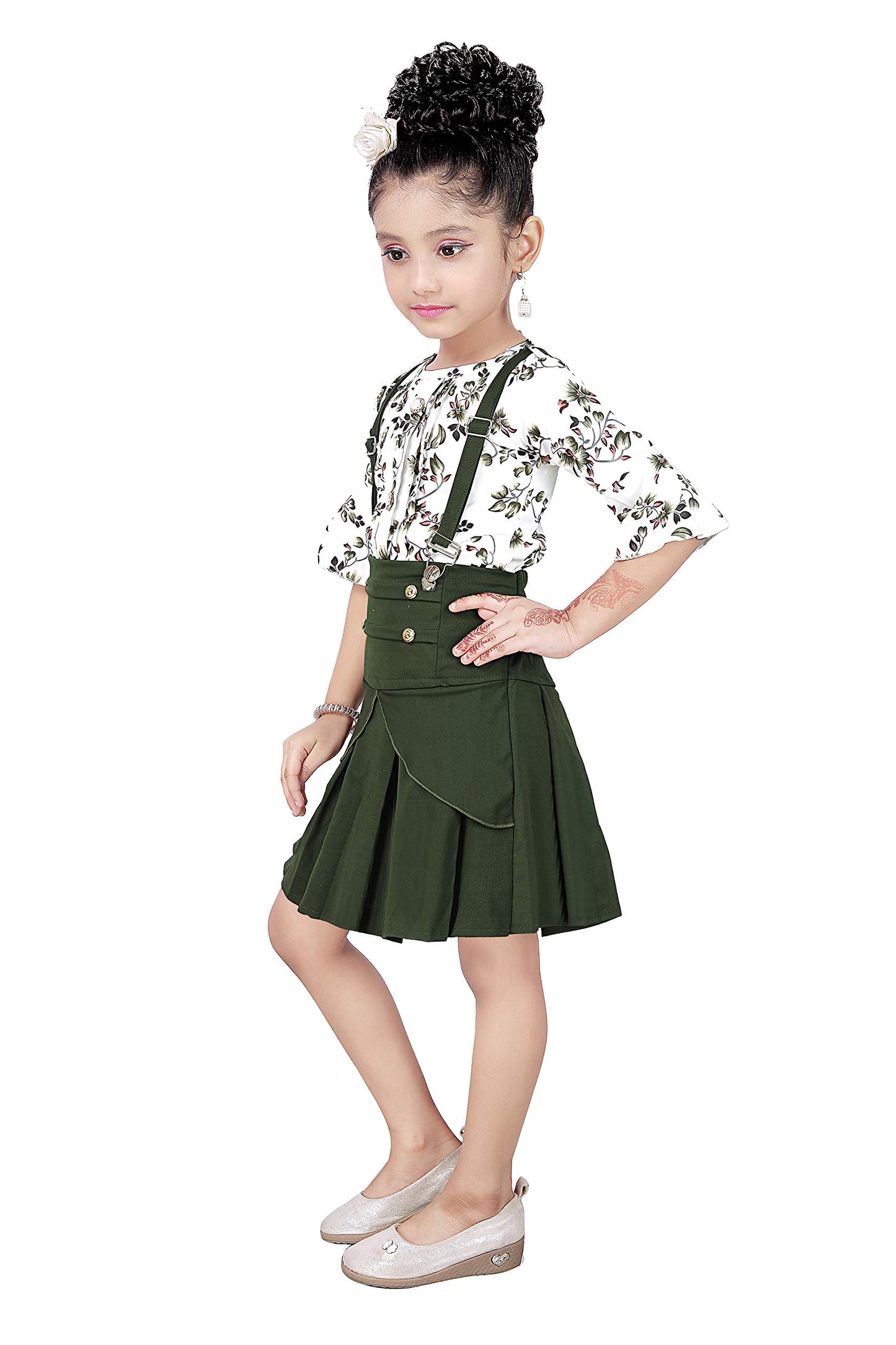 Green Cotton Blend Kids Dungaree Romper For Girls