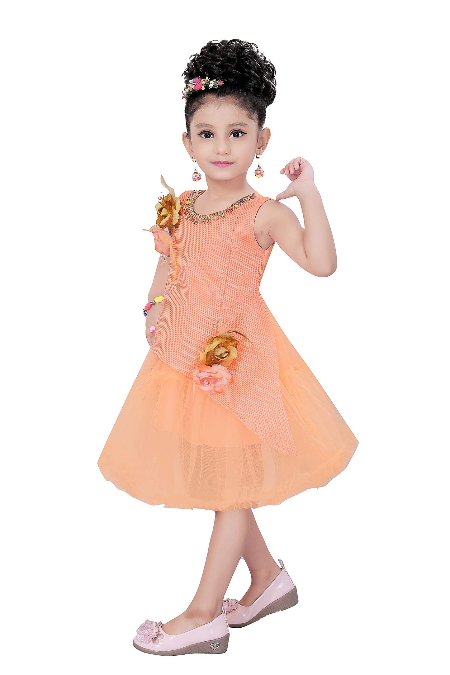 Light Orange Net Dress For Girls