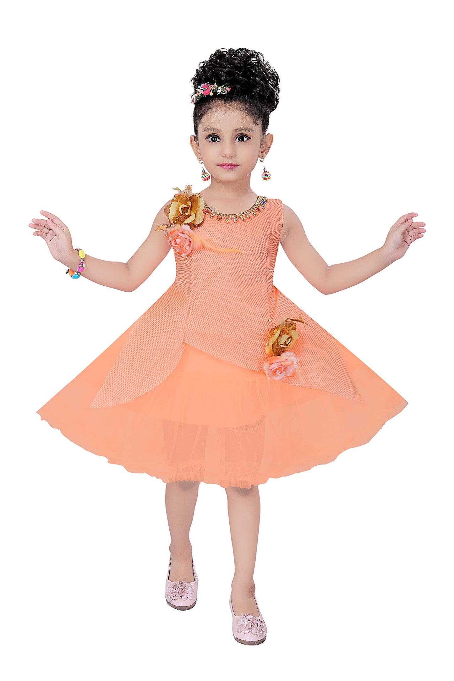 Light Orange Net Dress For Girls