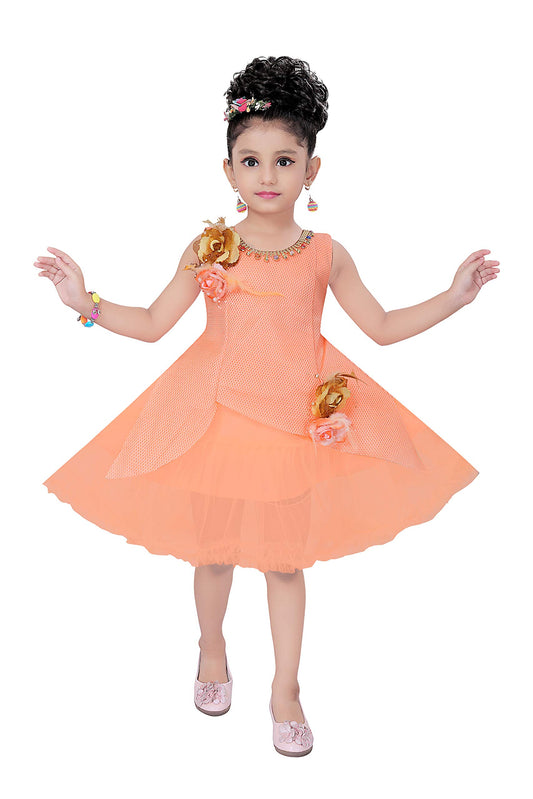 Light Orange Net Dress For Girls
