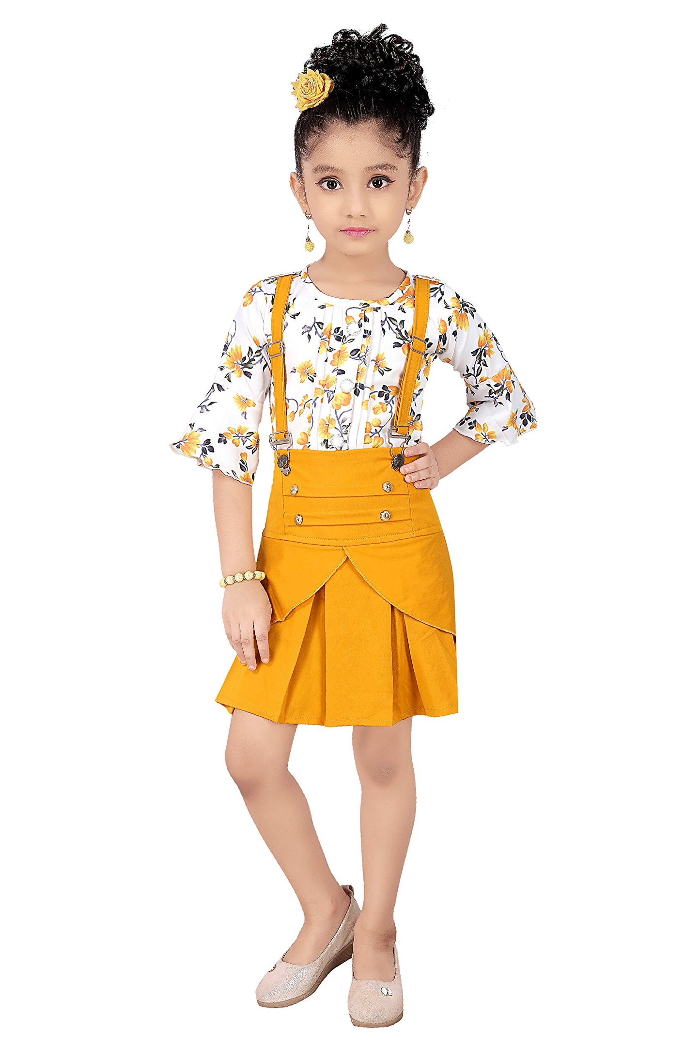 Yellow Cotton Blend Kids Dungaree Romper For Girls