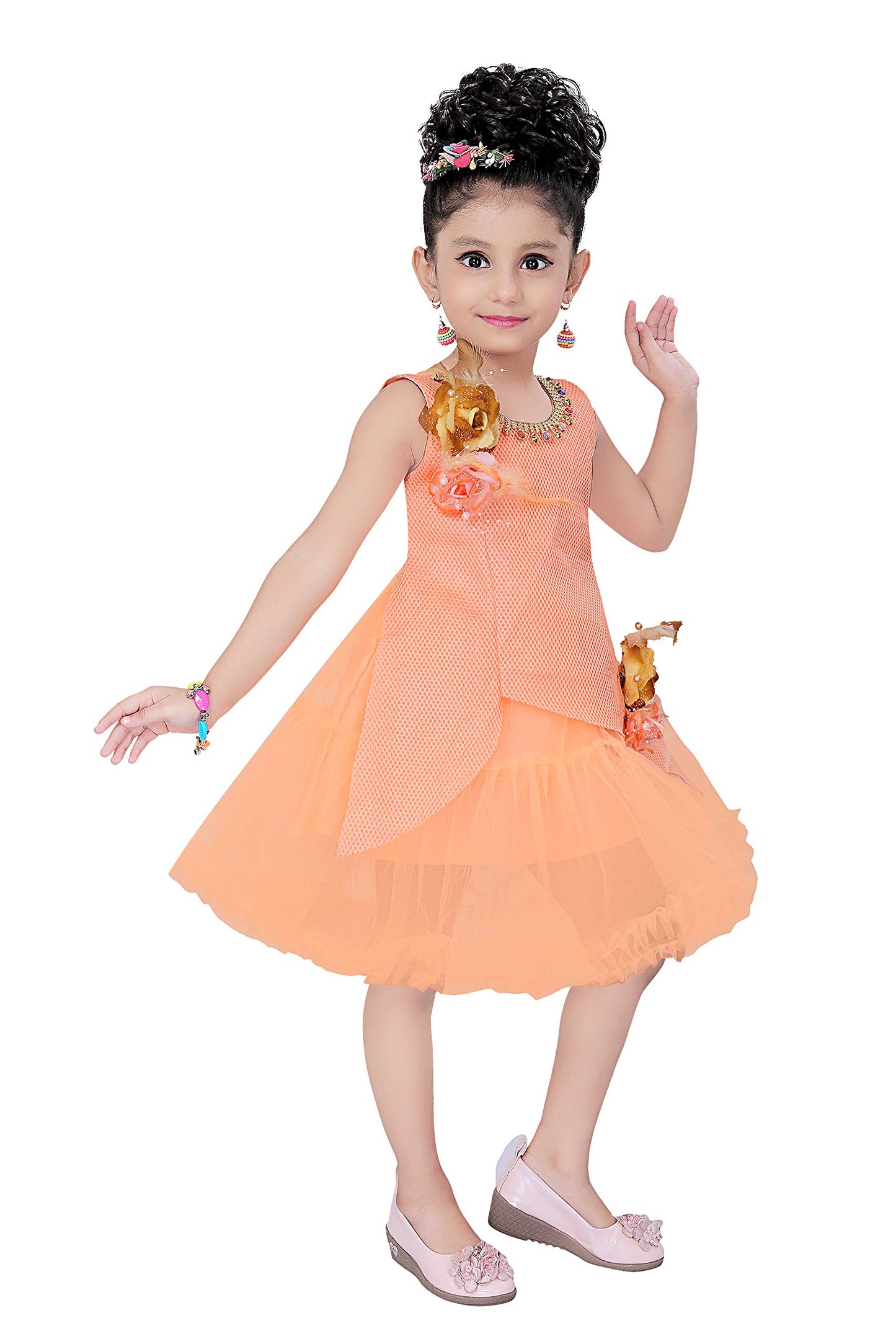 Light Orange Net Dress For Girls