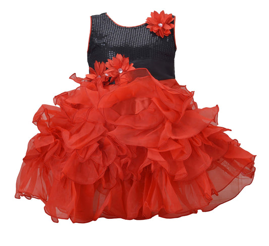 Red & Black Cotton Blend Dress For Girls