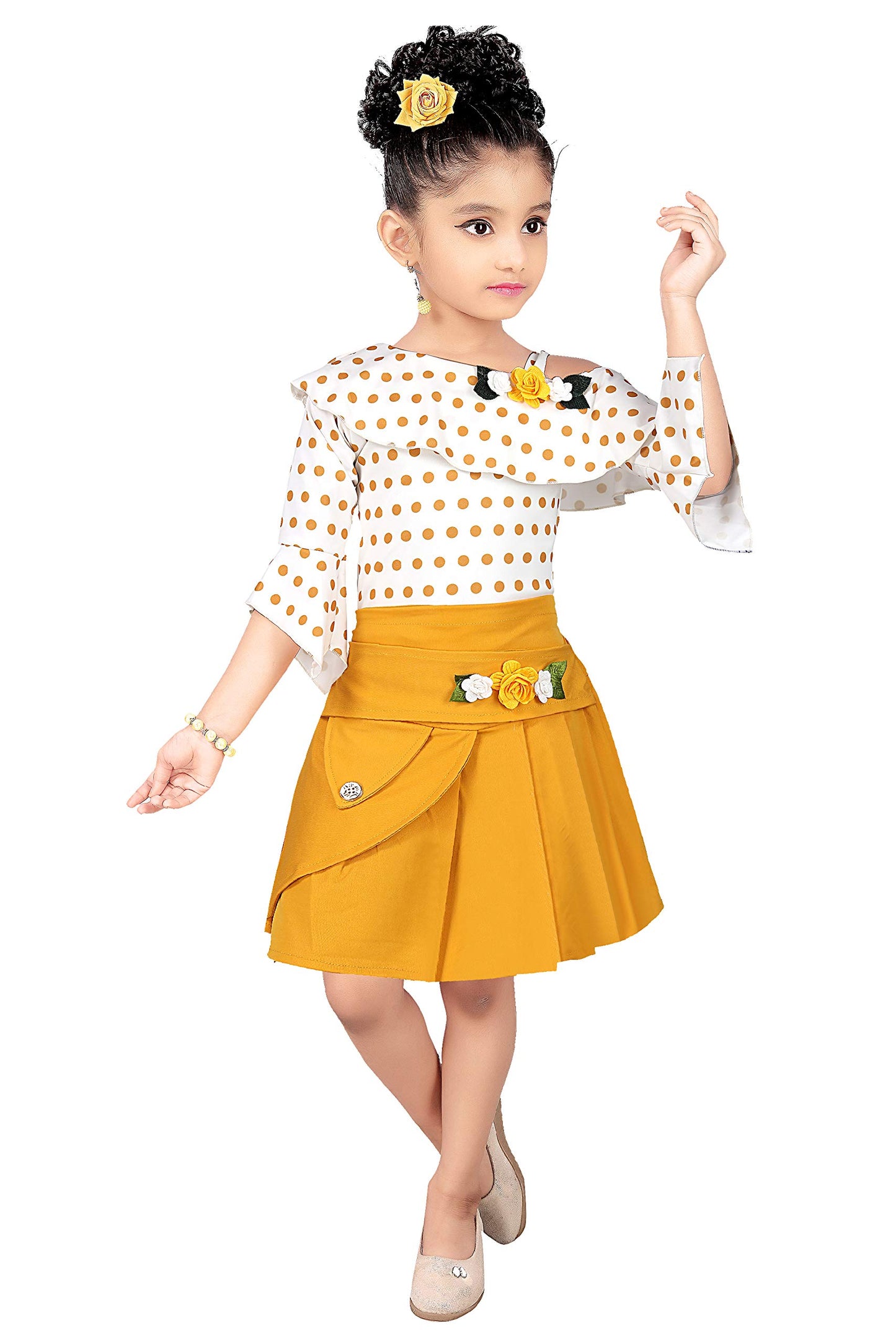 Yellow Cotton Blend Kids Apparel Combo For Girls