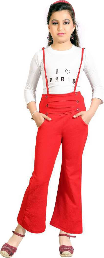 Red Polyester Kids Dungaree Romper For Girls