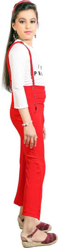 Red Polyester Kids Dungaree Romper For Girls