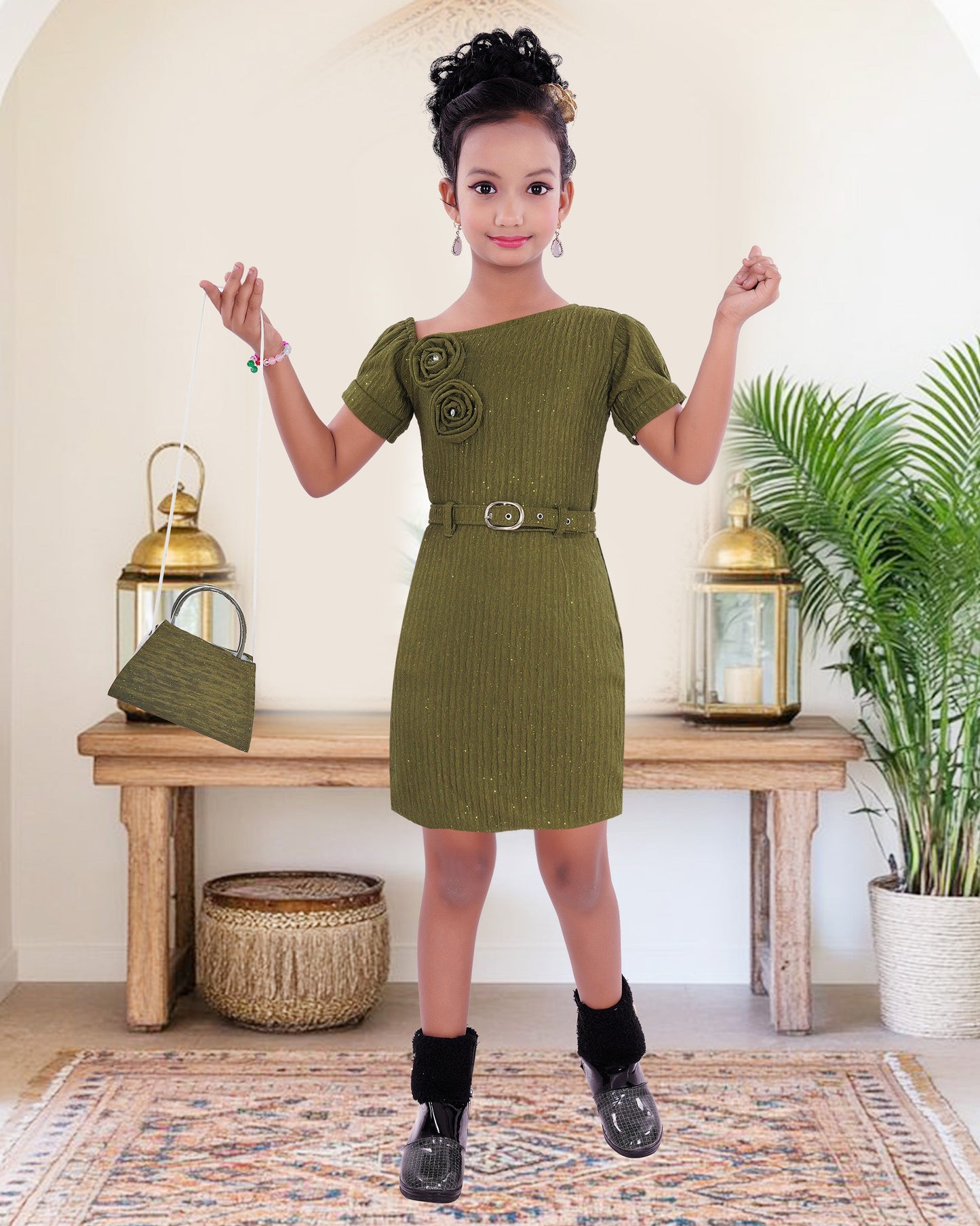 Green  coloured Cotton Blend  Flower Frock With Purse For Girls.
