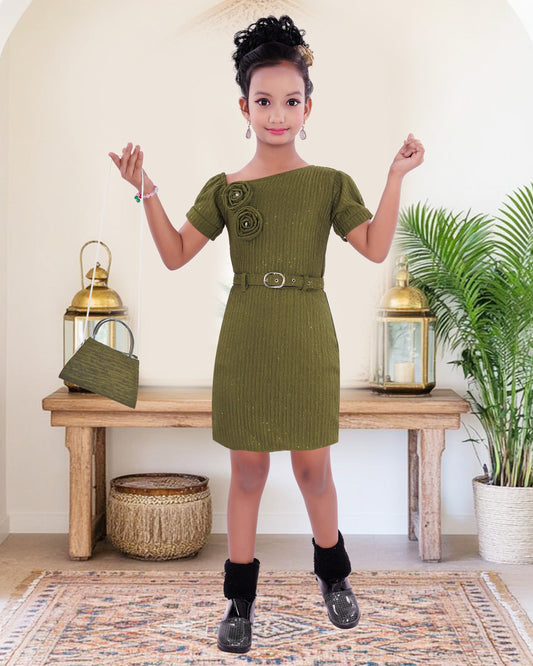Green  coloured Cotton Blend  Flower Frock With Purse For Girls.