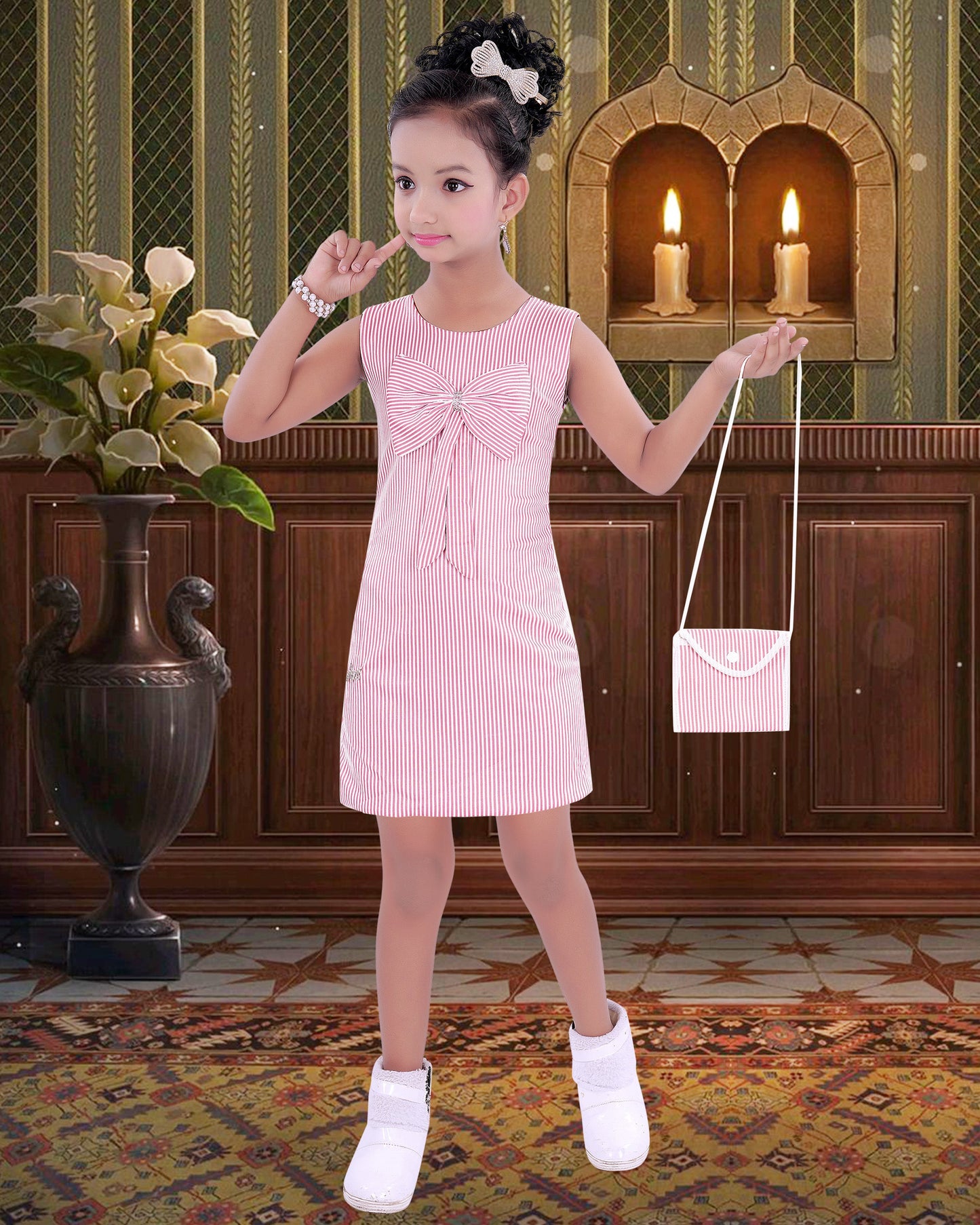 Pink coloured Cotton Blend  Bow Frock With Purse For Girls.