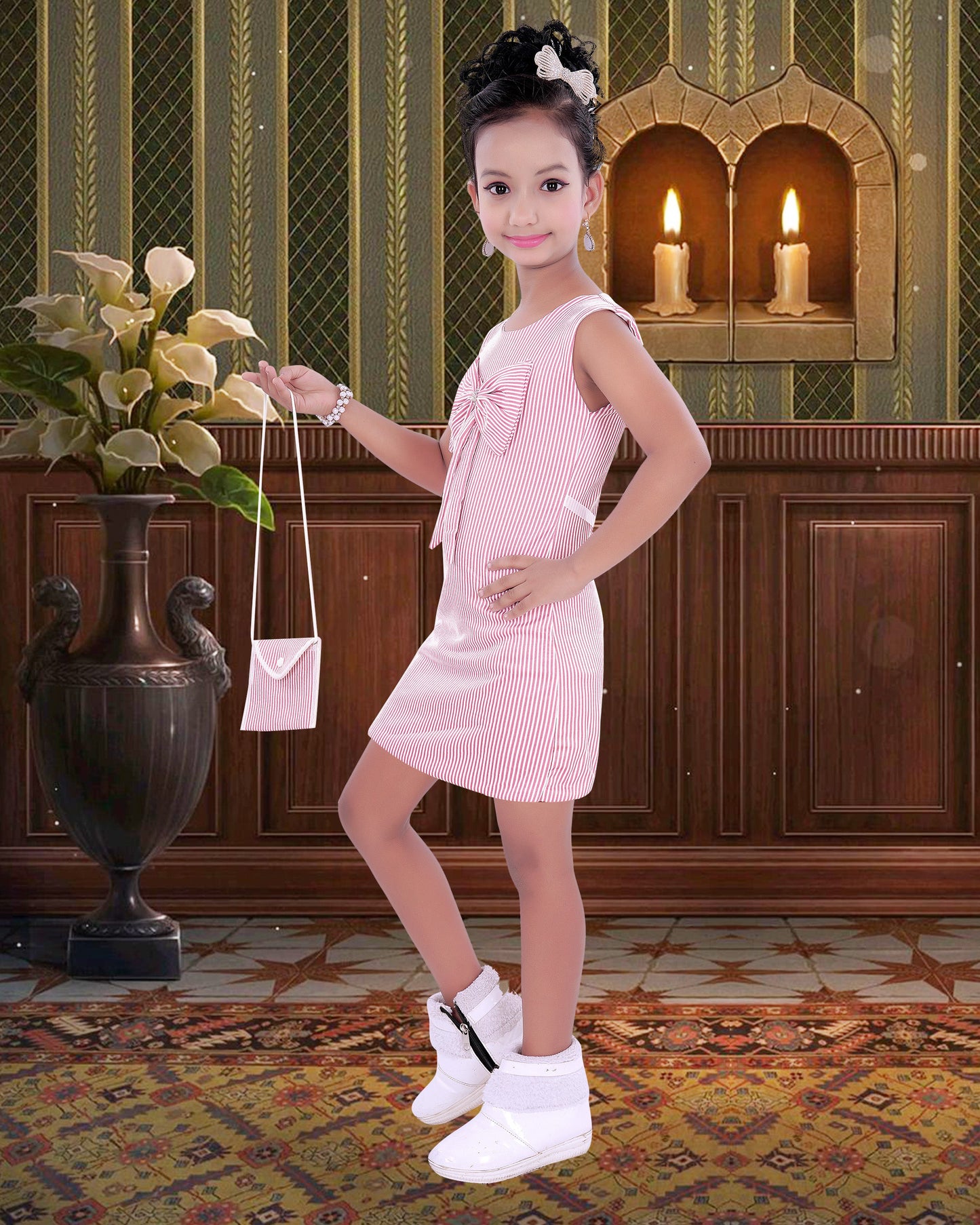 Pink coloured Cotton Blend  Bow Frock With Purse For Girls.