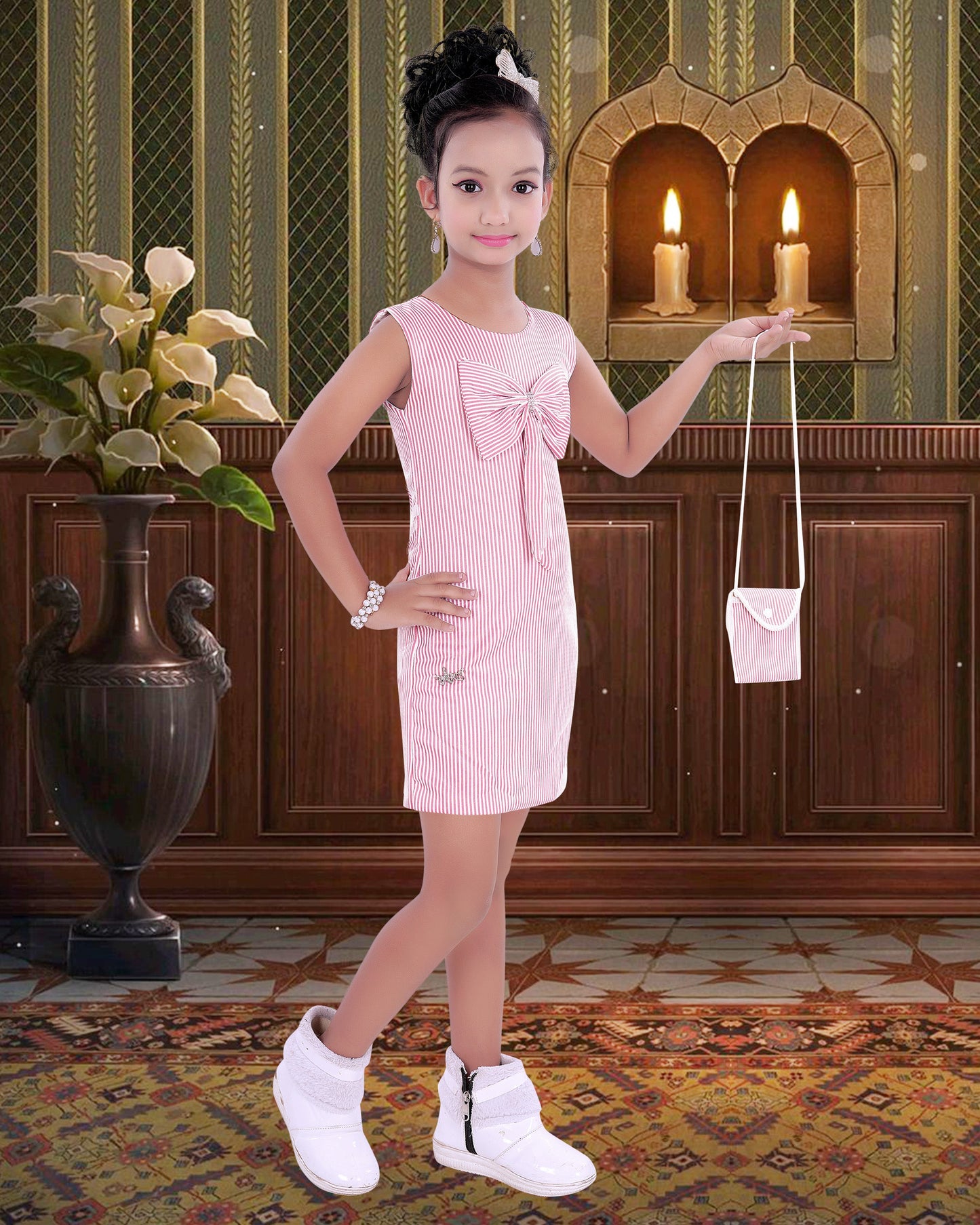 Pink coloured Cotton Blend  Bow Frock With Purse For Girls.