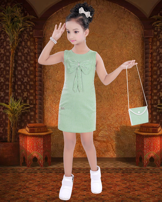 Green  colouredCotton Blend  Bow Frock With Purse For Girls.