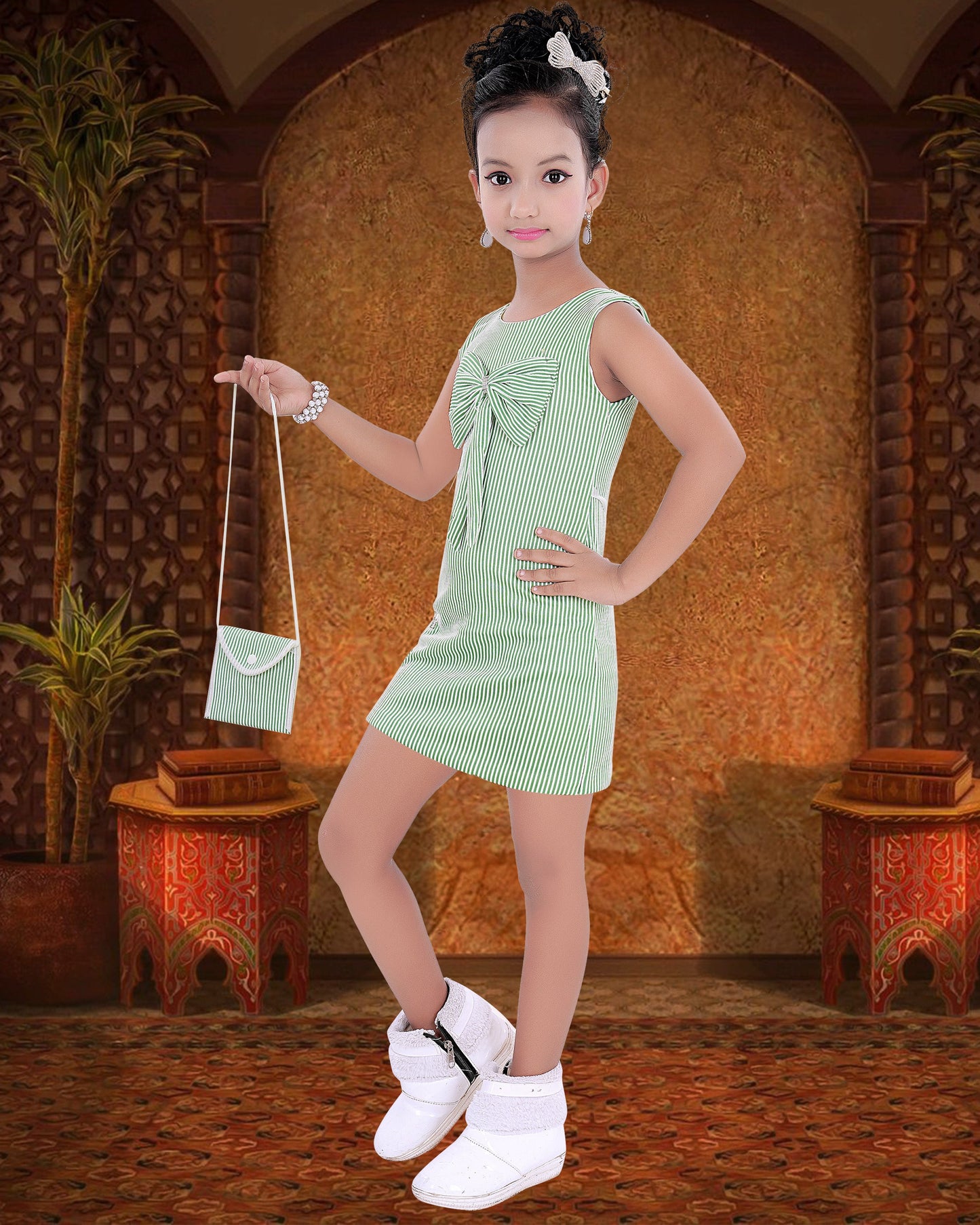 Green  colouredCotton Blend  Bow Frock With Purse For Girls.