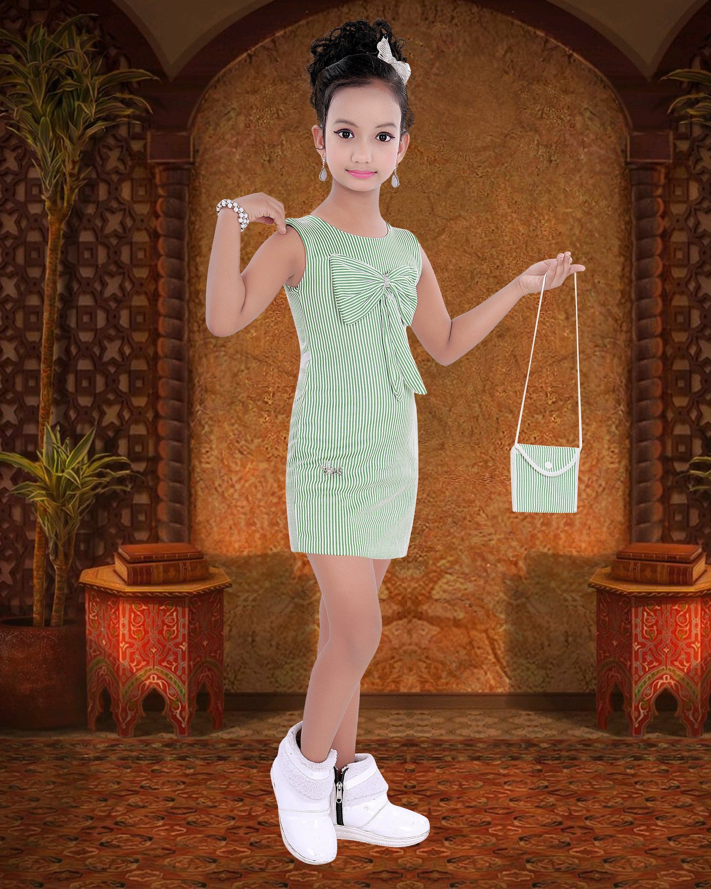 Green  colouredCotton Blend  Bow Frock With Purse For Girls.