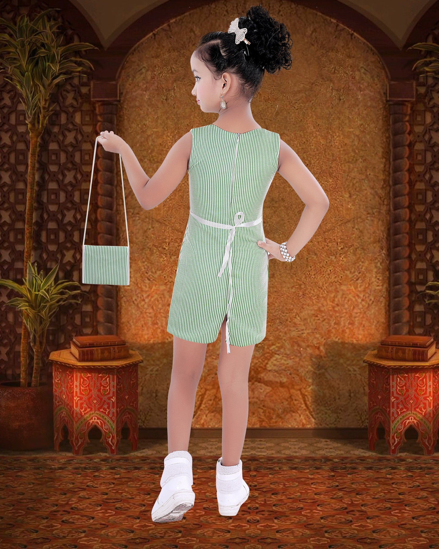Green  colouredCotton Blend  Bow Frock With Purse For Girls.