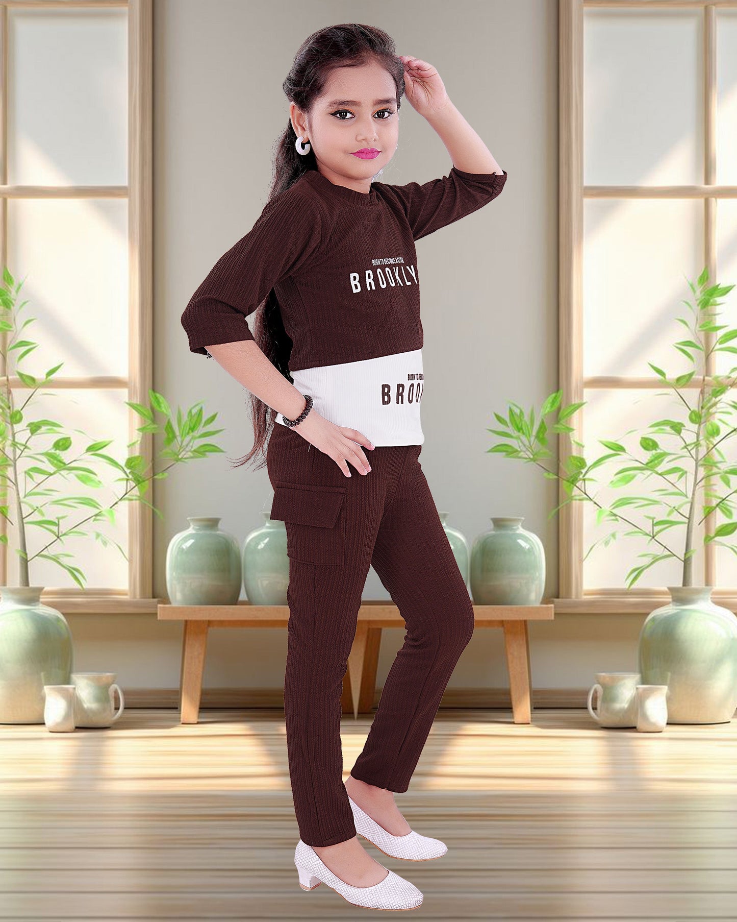 Brown & White Colored Cotton Blend  Three Piece For Girls.