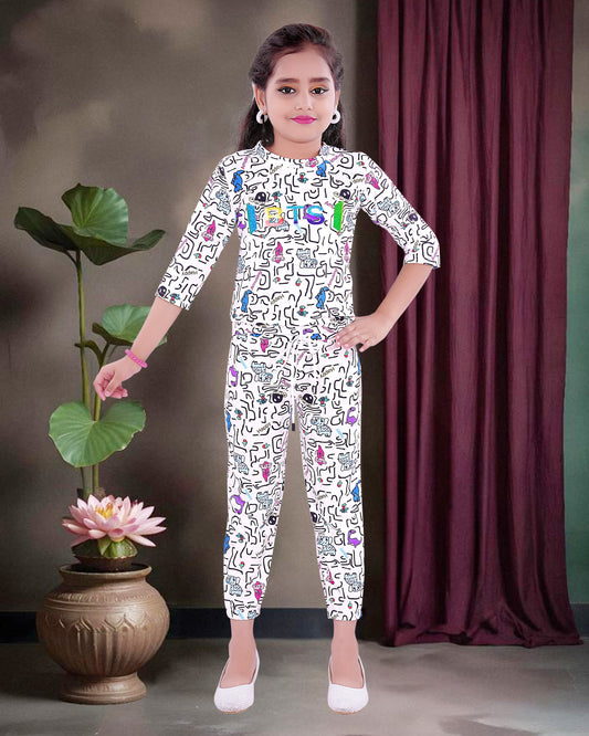 Multi Colored Print  With White Background  Cotton Blend  Top & Bottom For Girls.