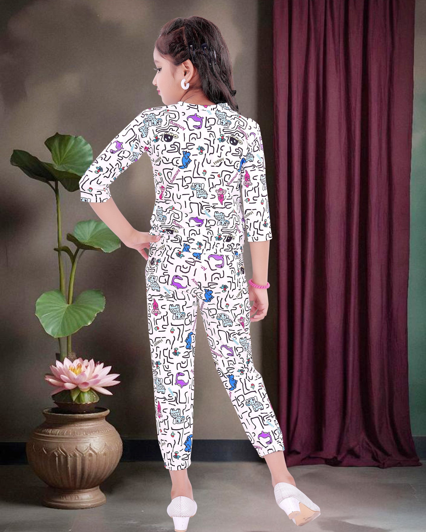 Multi Colored Print  With White Background  Cotton Blend  Top & Bottom For Girls.