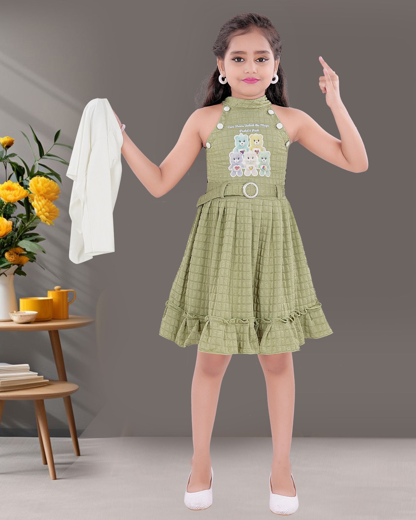 Pista Coloured Frock With White Coloured Cotton Blend  Inner For Girls.