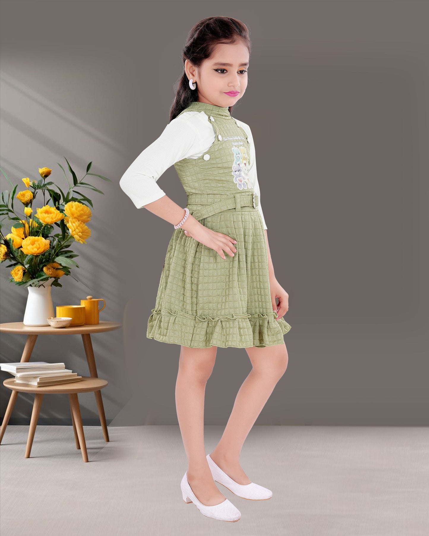 Pista Coloured Frock With White Coloured Cotton Blend  Inner For Girls.