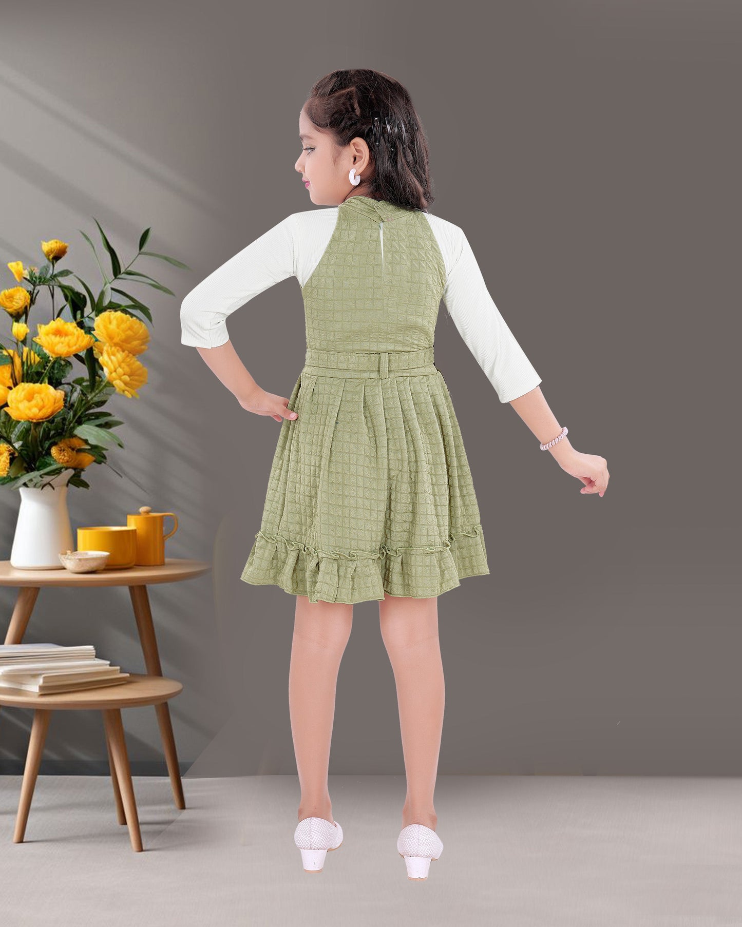 Pista Coloured Frock With White Coloured Cotton Blend  Inner For Girls.
