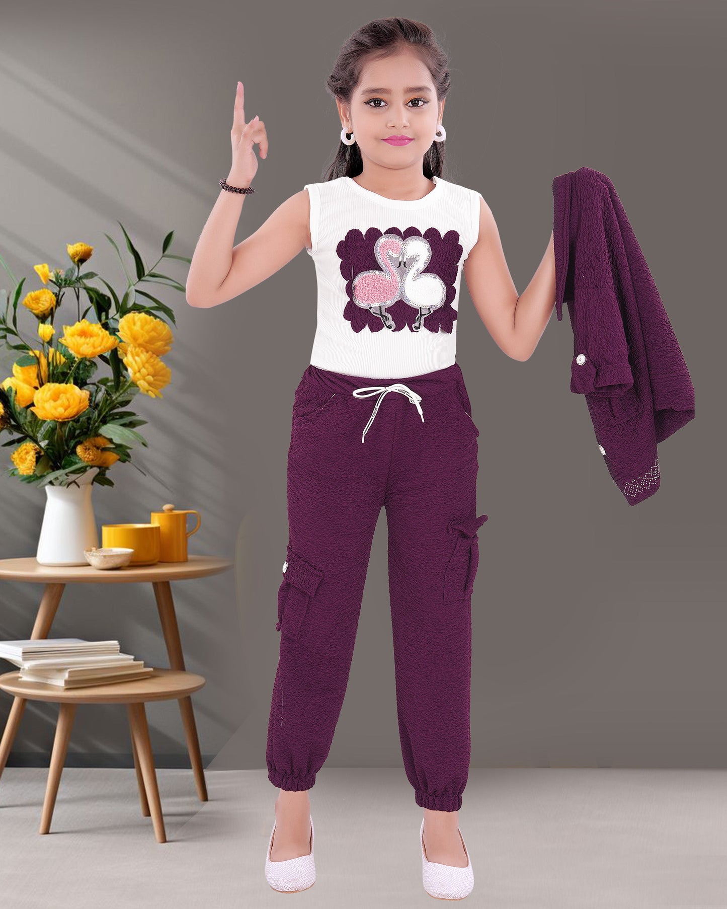 Cotton Blend White Colored Top & Purple Colored Bottom with Jacket For Girls.