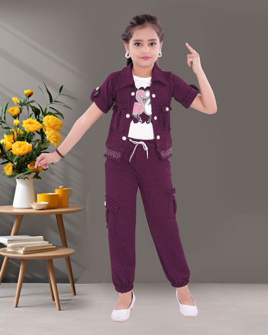 Cotton Blend White Colored Top & Purple Colored Bottom with Jacket For Girls.