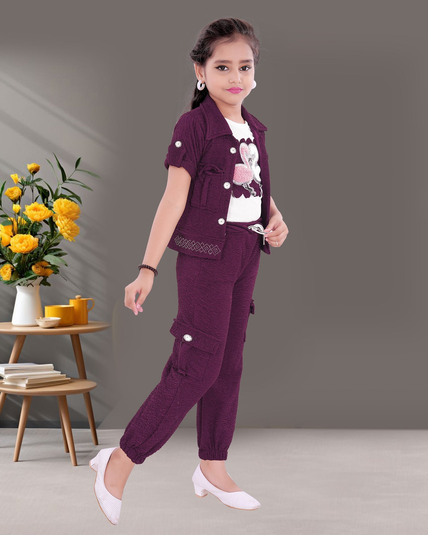 Cotton Blend White Colored Top & Purple Colored Bottom with Jacket For Girls.