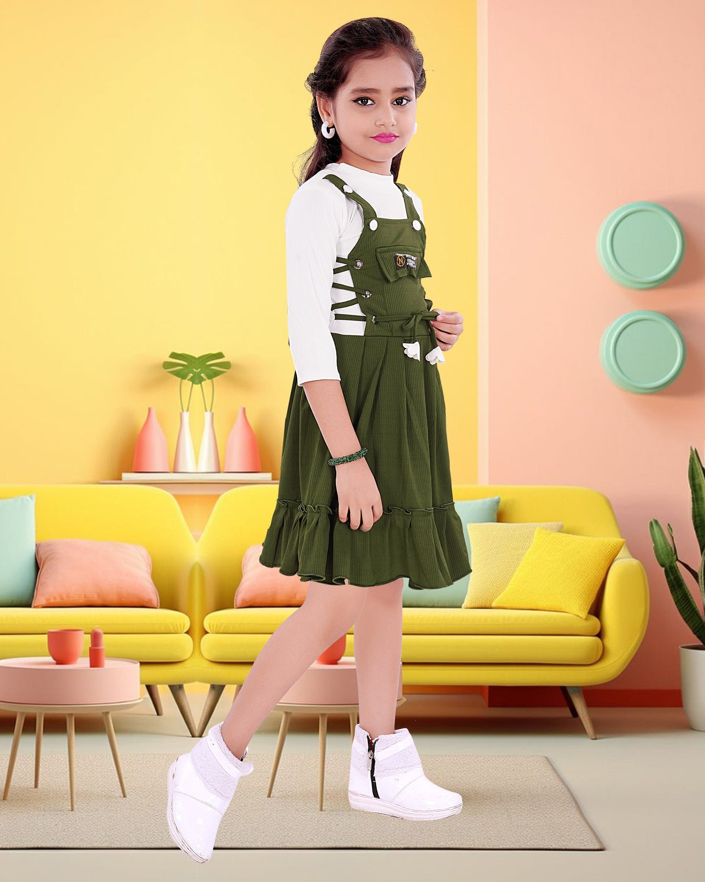 Dark Green & White Colored Cotton Blend  Frock For Girls.