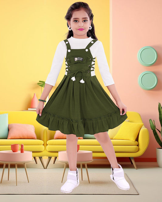 Dark Green & White Colored Cotton Blend  Frock For Girls.
