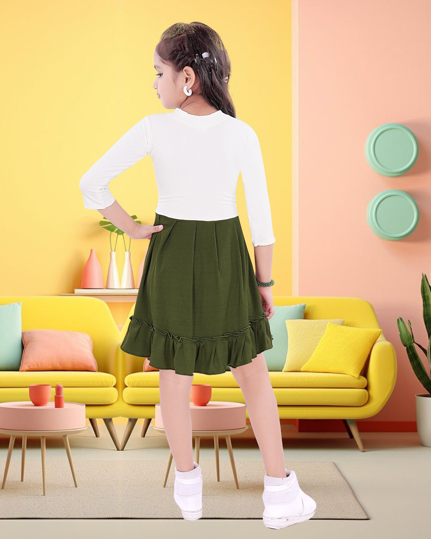 Dark Green & White Colored Cotton Blend  Frock For Girls.