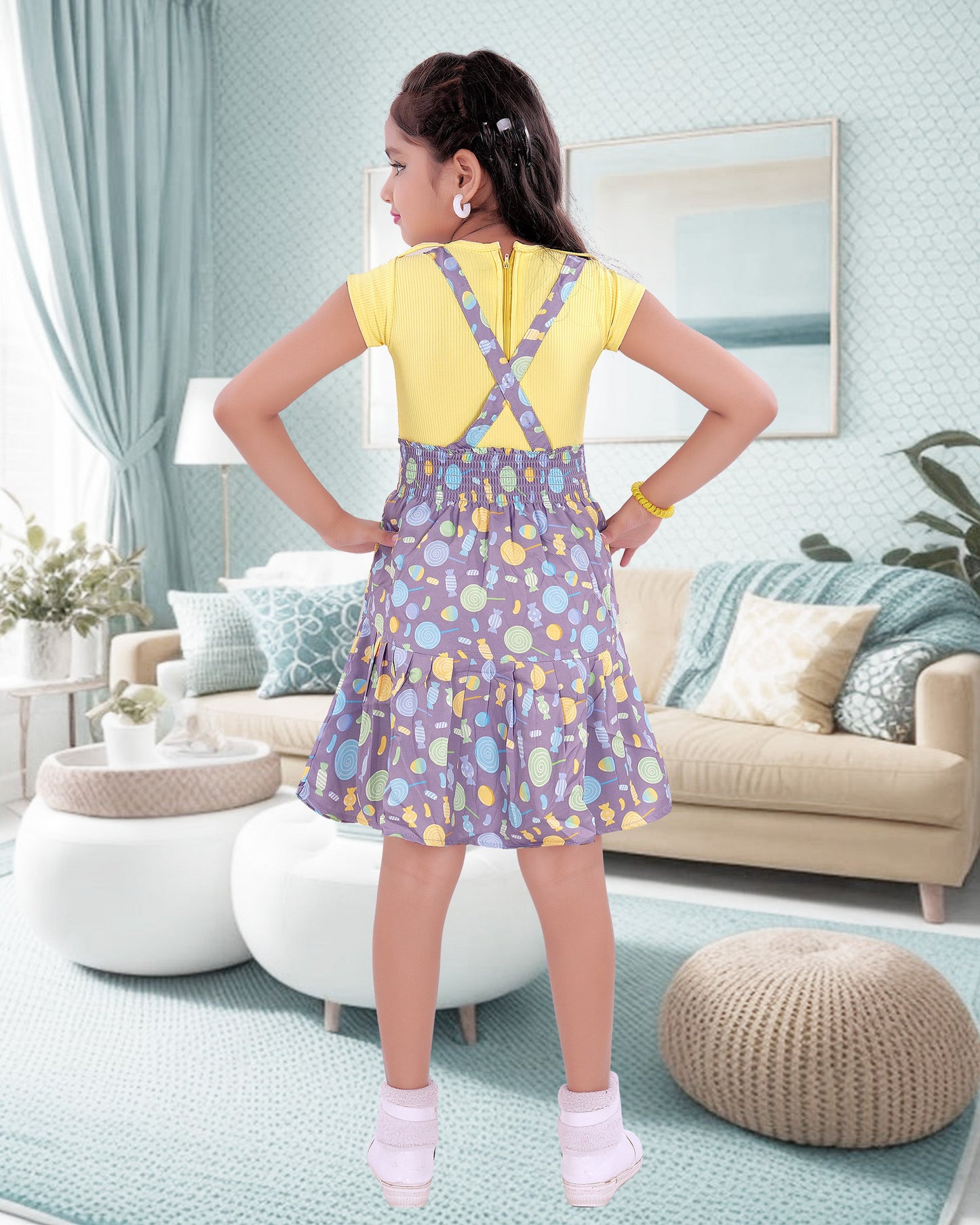Yellow Coloured Cotton Blend  Dungree Frock For Girls
