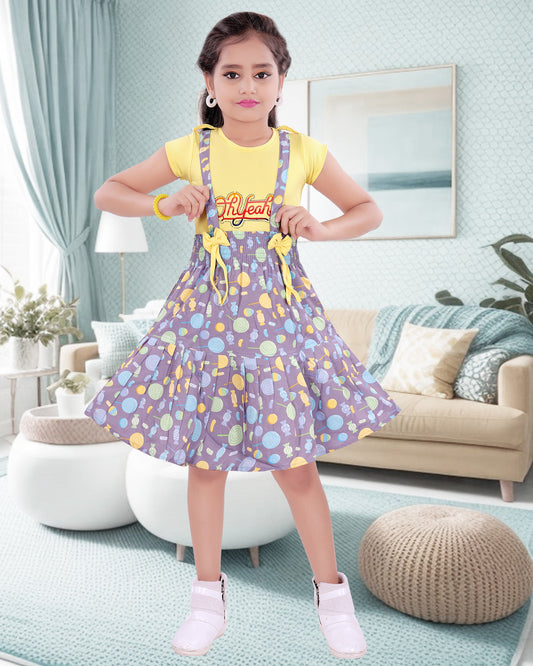Yellow Coloured Cotton Blend  Dungree Frock For Girls