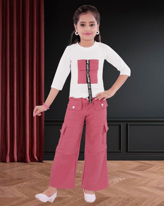 Pink & White Coloured Cotton Blend  Top & Bottom For Girls.