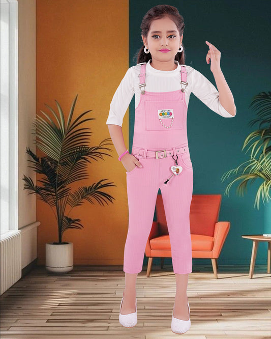 Pink & White Coloured  Cotton Blend  Dungaree Set  For Girls.