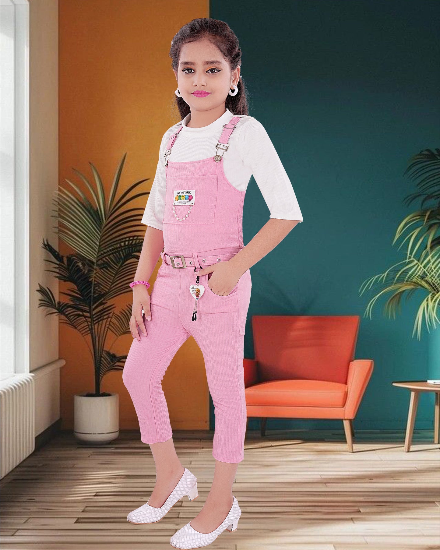 Pink & White Coloured  Cotton Blend  Dungaree Set  For Girls.