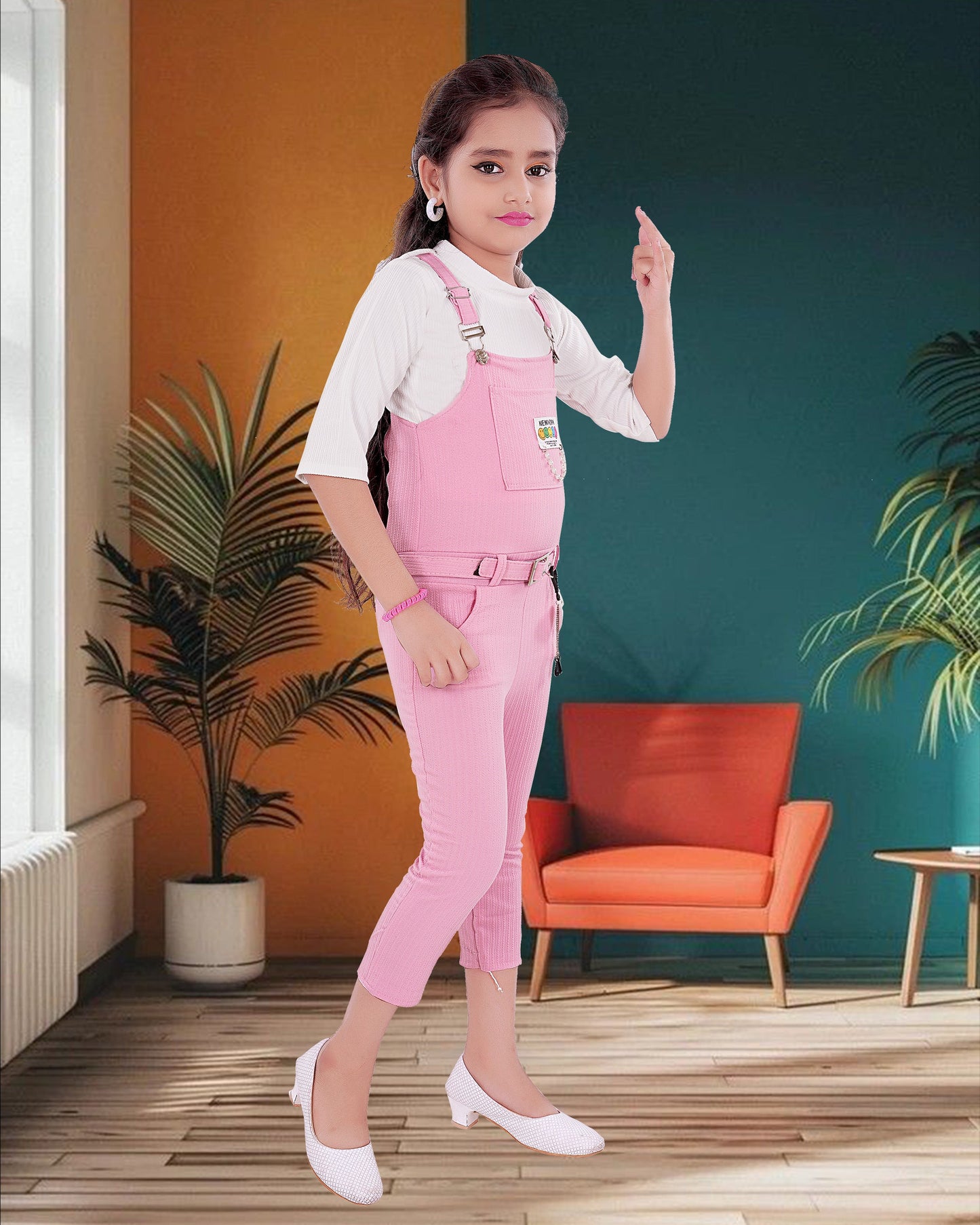 Pink & White Coloured  Cotton Blend  Dungaree Set  For Girls.