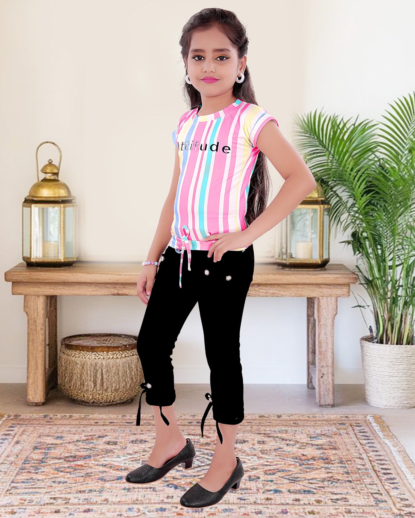 Multi Colored Top With Black Cotton Blend  Bottom For Girls.